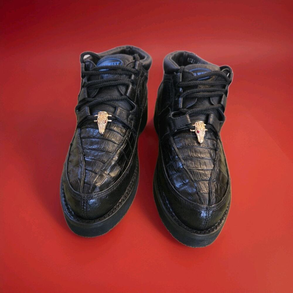 Wild West Genuine NATURAL Caiman Crocodile Ostrich Casual Shoes Lace Up Black